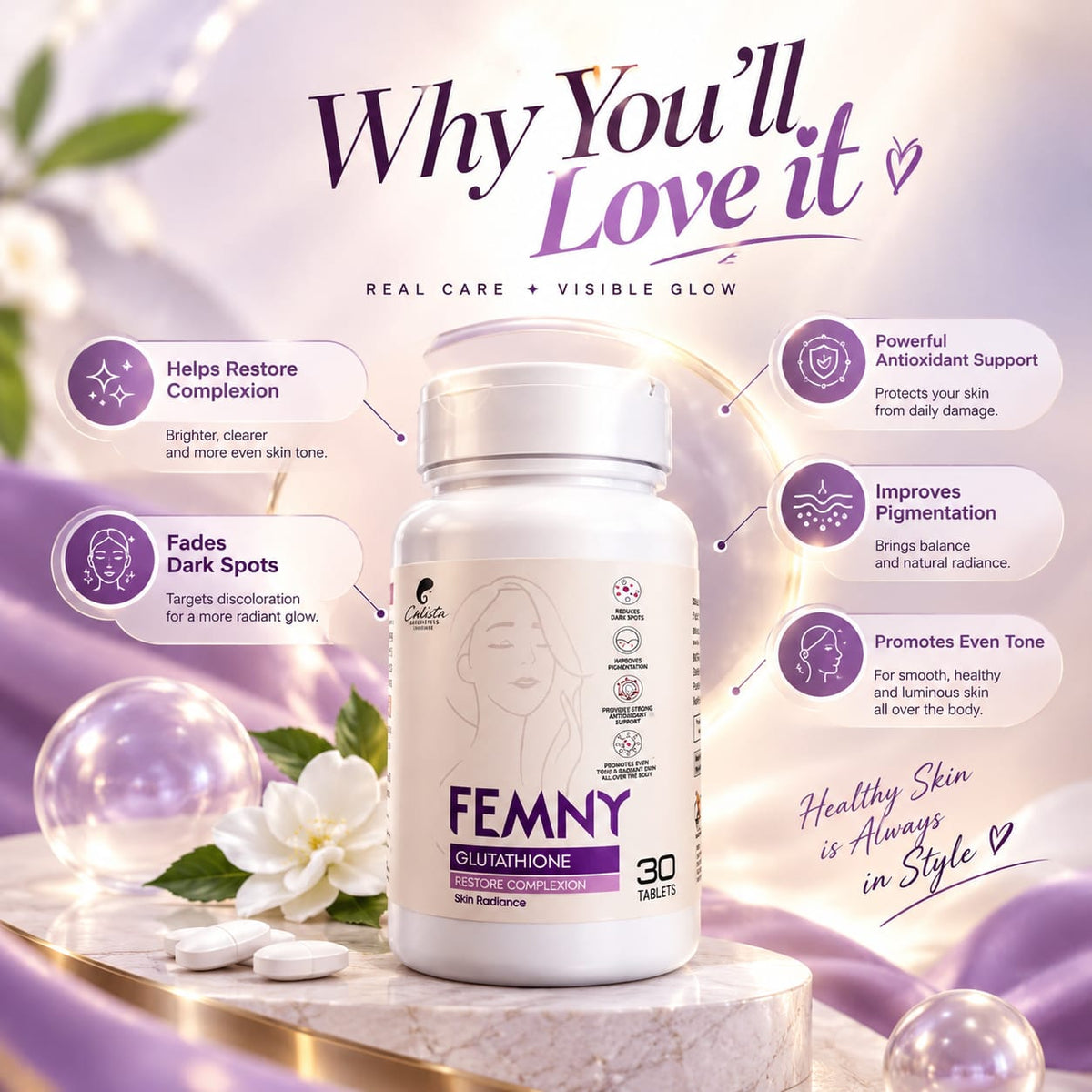 Femny Glutathione Tablets (Sweden Calista Imported) – Skin Brightening & Anti-Aging Formula (30 Tablets)