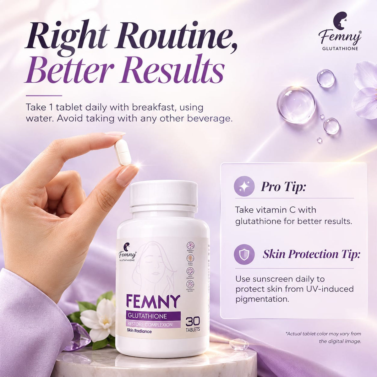 Femny Glutathione Tablets (Sweden Calista Imported) – Skin Brightening & Anti-Aging Formula (30 Tablets)