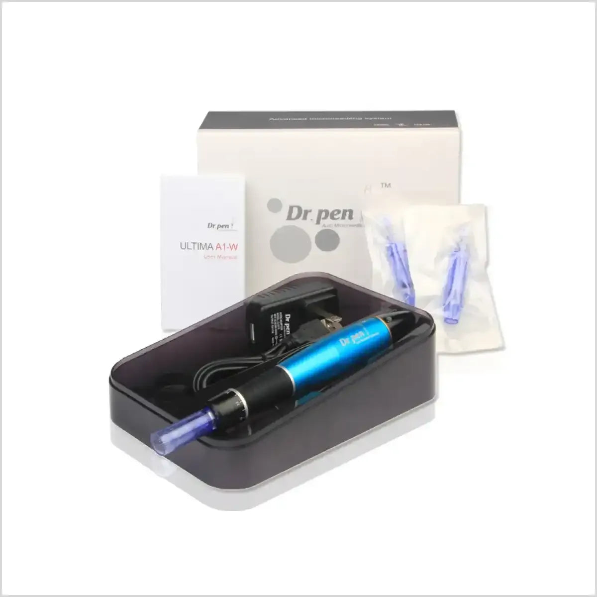 Wireless Dr. Pen A1W microneedling pen by Derma Essence with 12-pin needles, shown in a sleek design for skin rejuvenation.