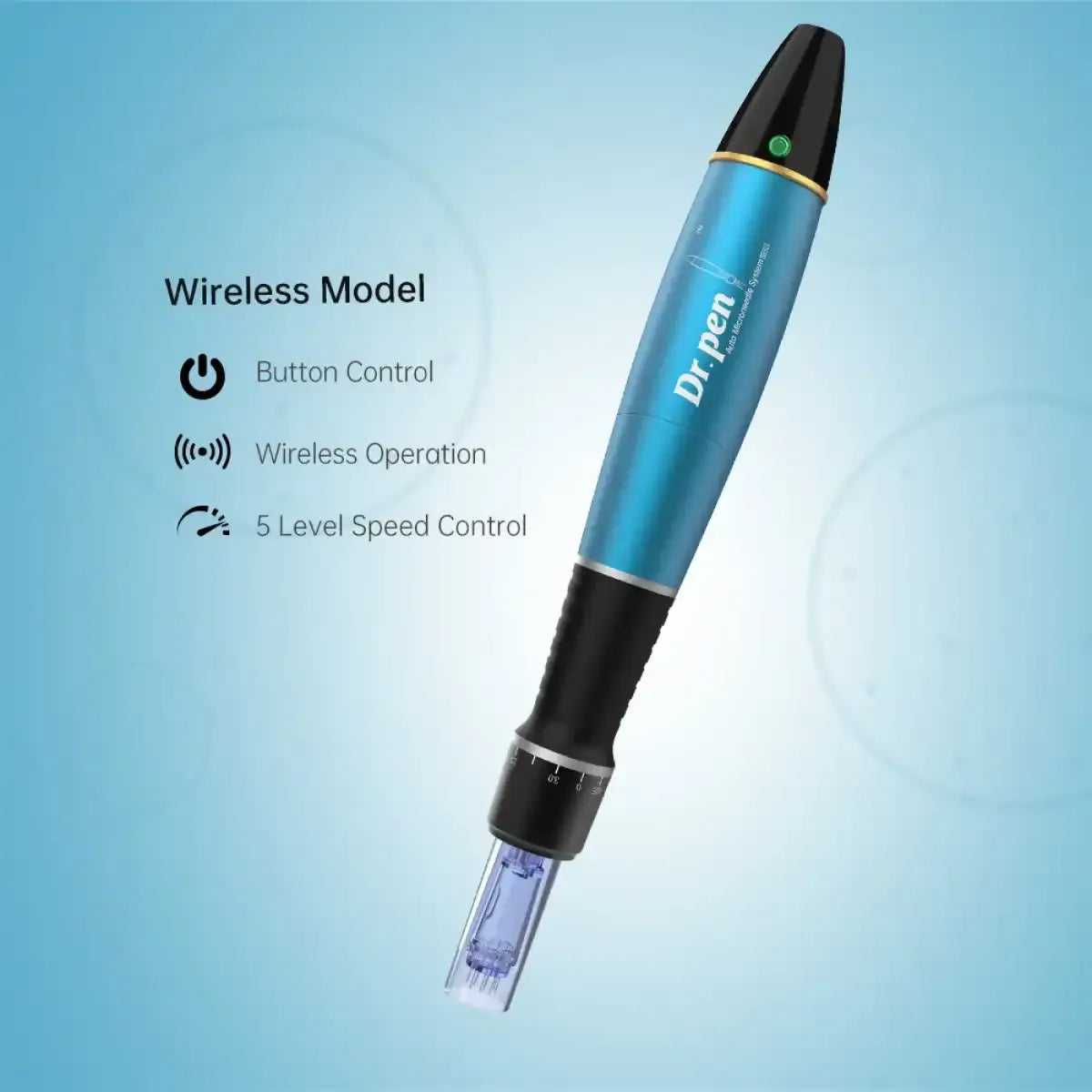 Wireless Dr. Pen A1W microneedling device by Derma Essence with 12-pin needles, shown with the pen and needle cartridge.
