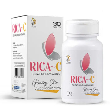 Rica-C Glutathione tablet by Derma Essence, showing a white supplement tablet with vitamin C label on packaging.
