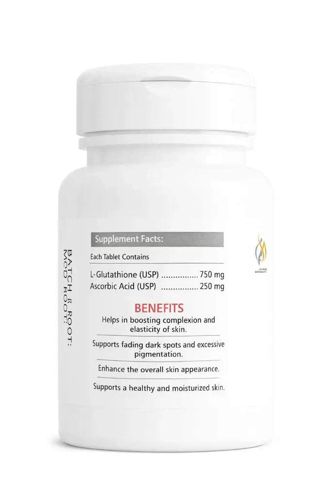 Rica-C Glutathione tablet by Derma Essence, showing a white supplement tablet with vitamin C branding.