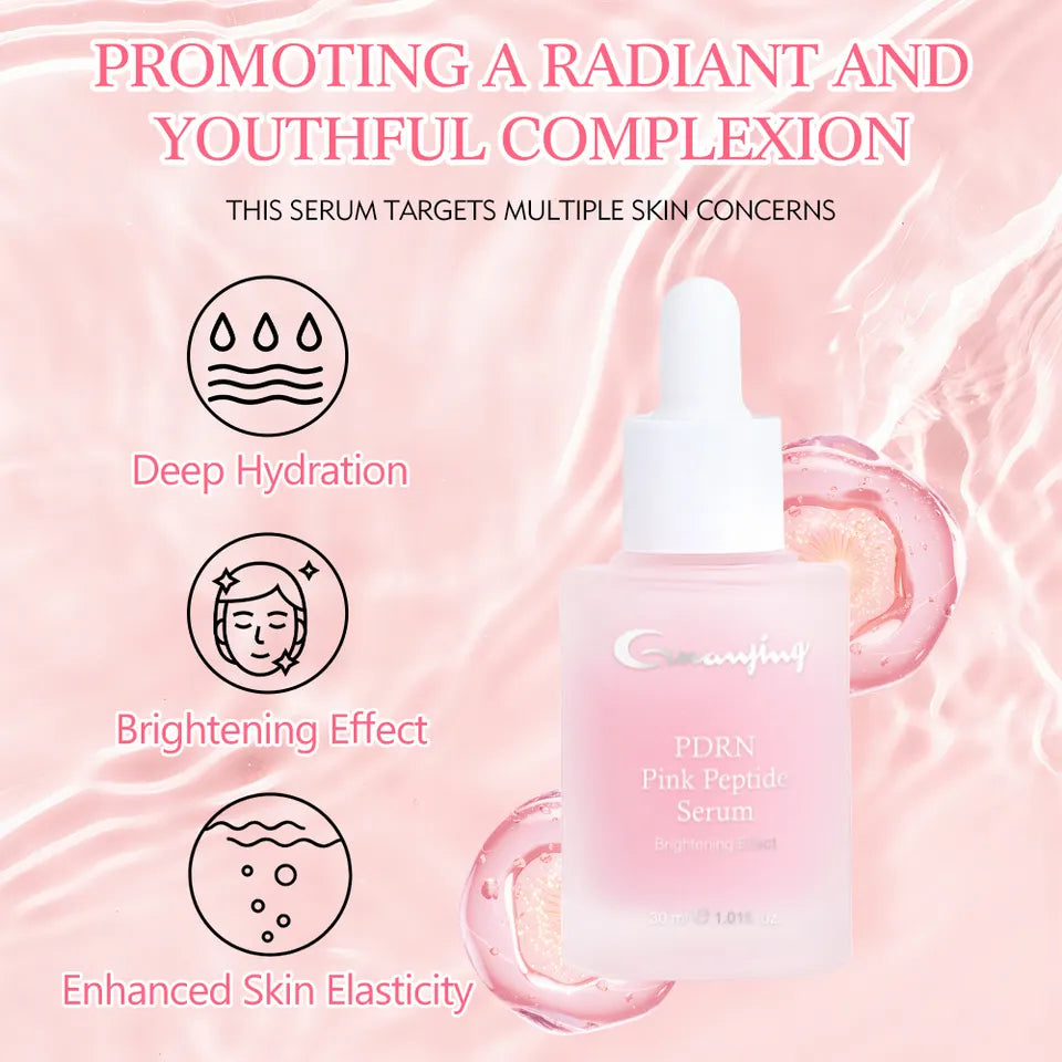Derma Essence PDRN Pink Peptide face serum with brightening and hydrating effects, featuring a sleek bottle and serum application.