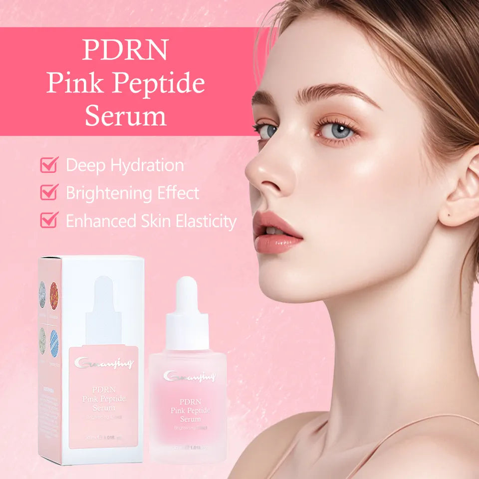 Derma Essence PDRN Pink Peptide Face Serum with brightening and hydrating effects, featuring a sleek bottle with serum applicator.