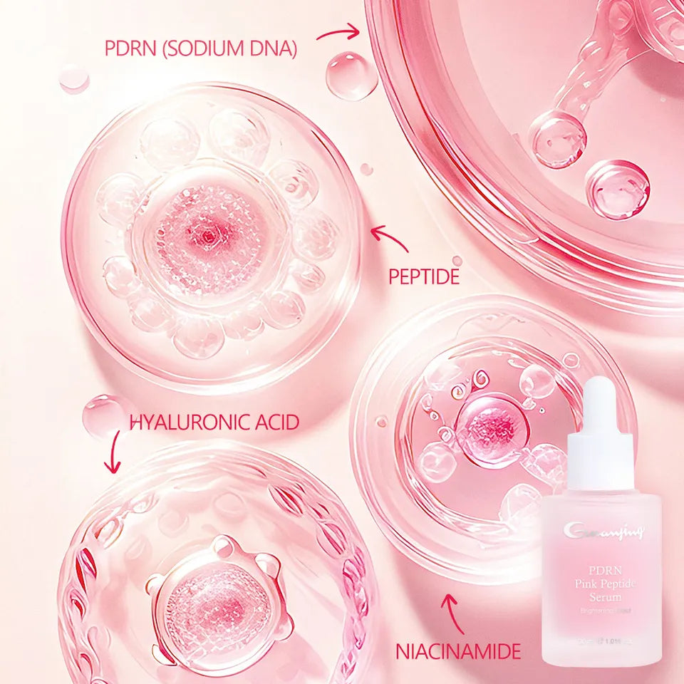 Derma Essence PDRN Pink Peptide Face Serum for brightening, hydrating, and firming skin with niacinamide and moisturizing ingredients.