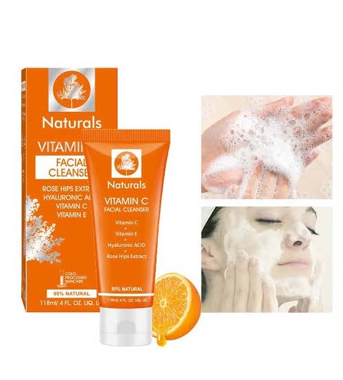 Derma Essence Naturals Vitamin C Facial Cleanser in 118ml for oily, dry, and sensitive skin, showing the cleanser bottle and packaging.