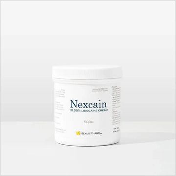 Jar of Derma Essence Nexcain Lidocaine Cream for numbing, made in Korea, shown in a clear container with cream inside.