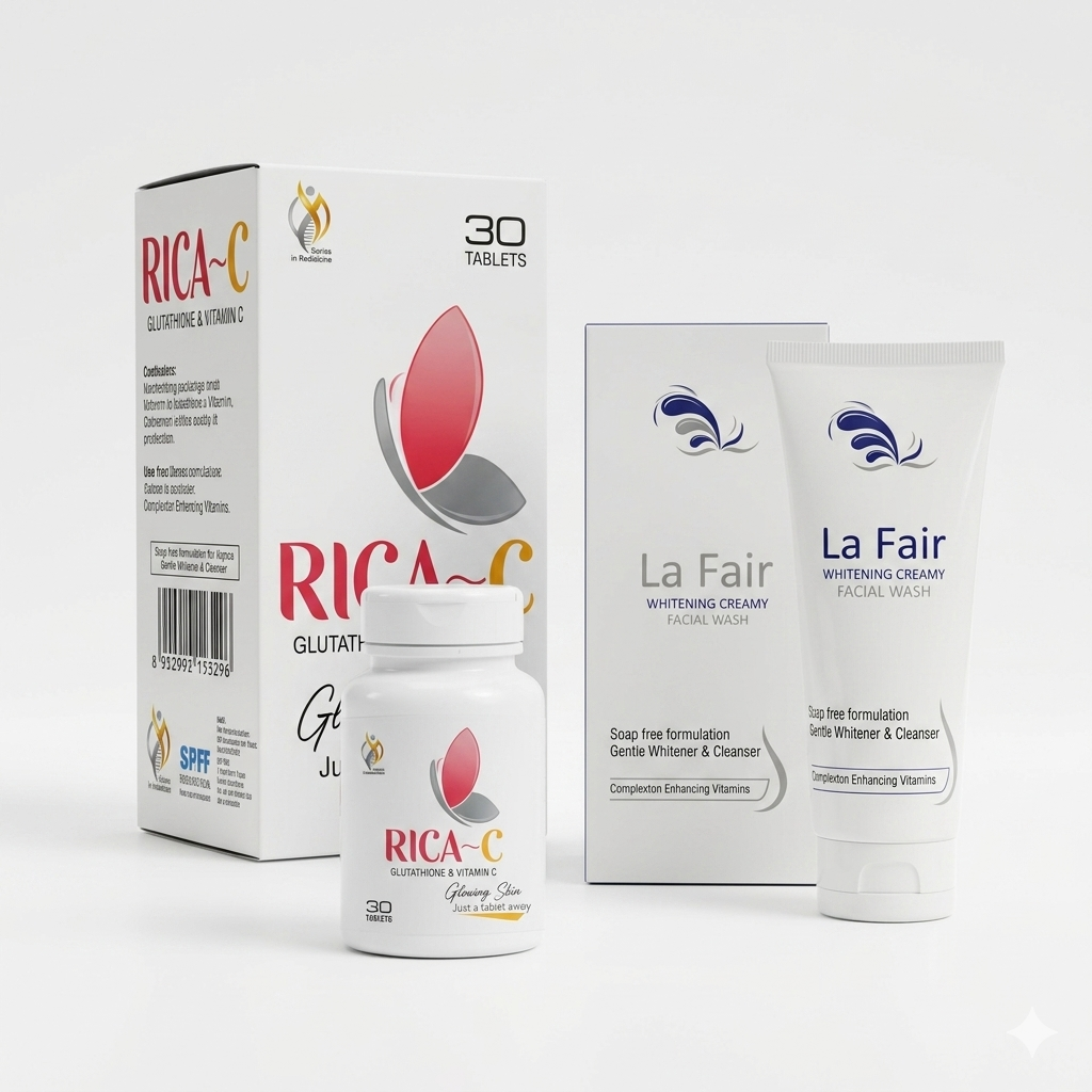 Derma Essence Rica-C Glutathione tablet and LA Fair whitening face wash in a skincare bundle for brightening and skin health.