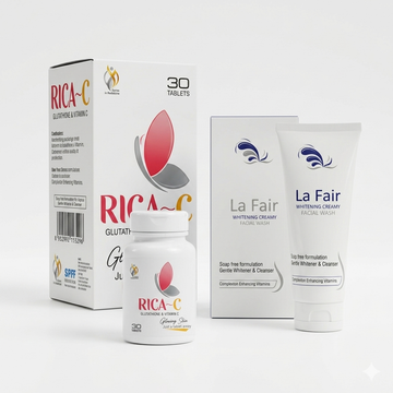 Derma Essence Rica-C Glutathione tablet and LA Fair whitening face wash in a skincare bundle for brightening and skin health.