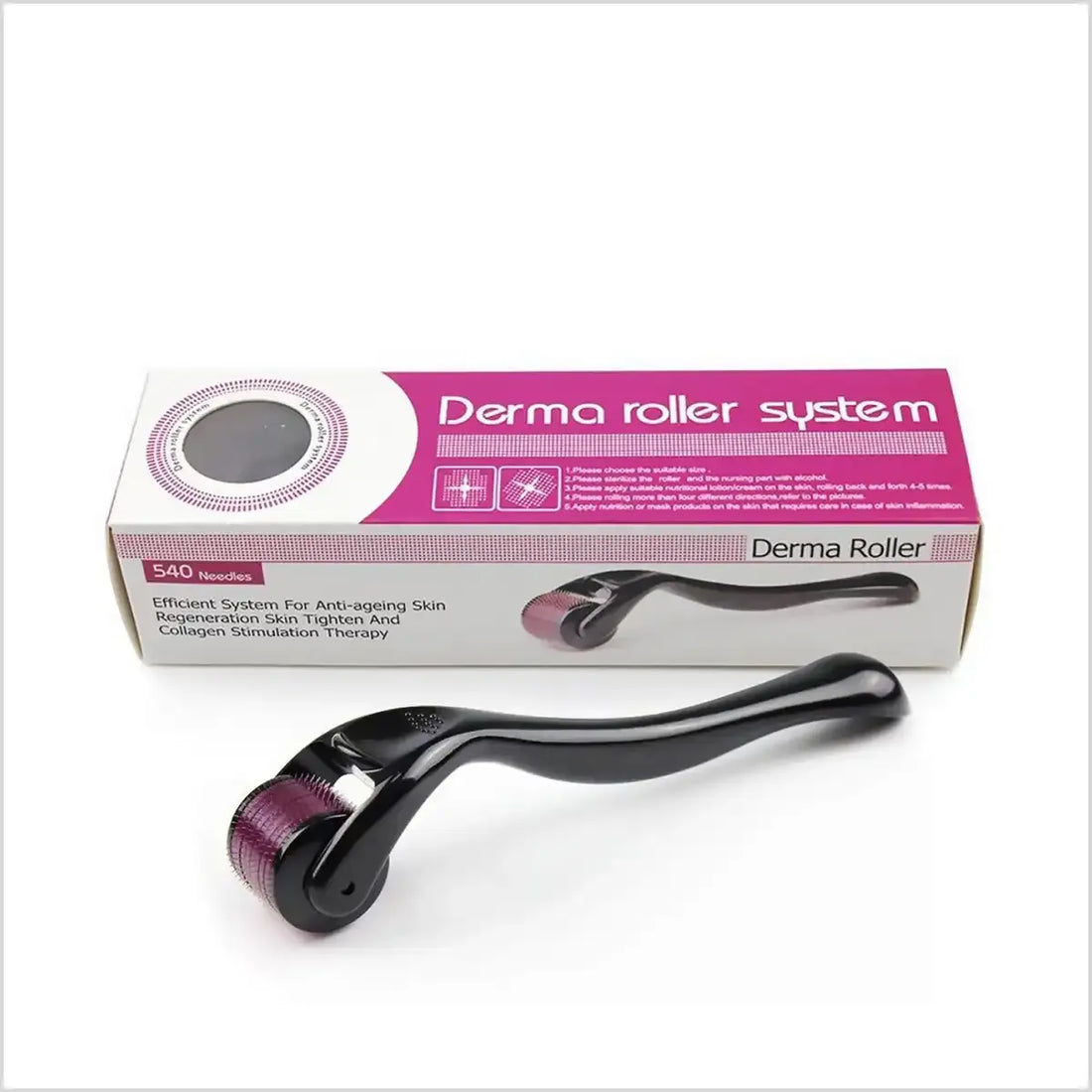 Derma Essence original dermaroller in sealed pack with 0.5mm, 1mm, and 1.5mm needle sizes for skincare treatment.