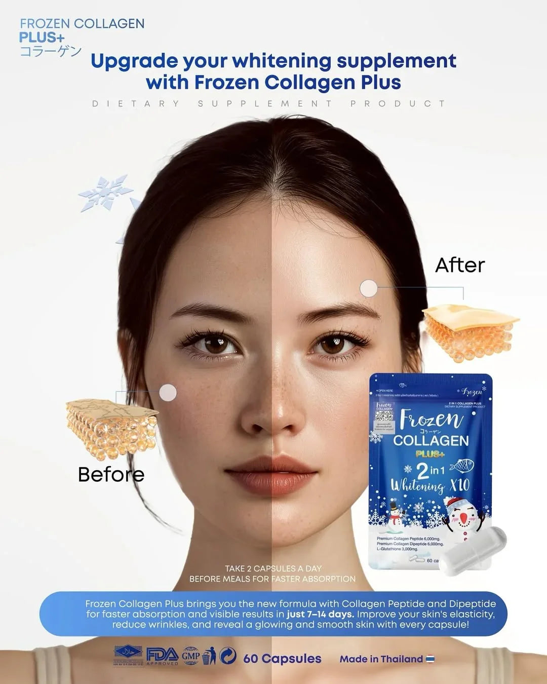 Frozen Collagen Plus+ 2 in 1 Whitening x10 (60 Caps) for Brightening and Tightening Your Skin - Derma Essence
