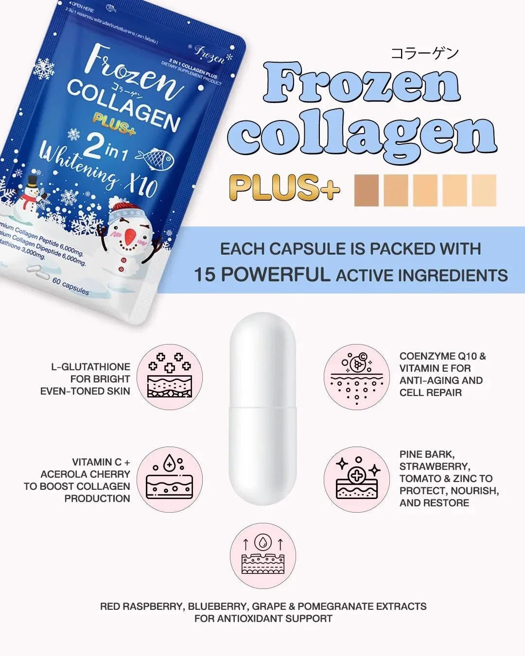 Frozen Collagen Plus+ 2 in 1 Whitening x10 (60 Caps) for Brightening and Tightening Your Skin - Derma Essence
