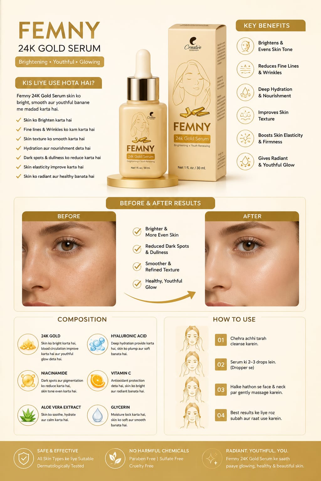 Femny 24K Gold Serum by Derma Essence – Luxury Glow & Anti-Aging Therapy (30ml)