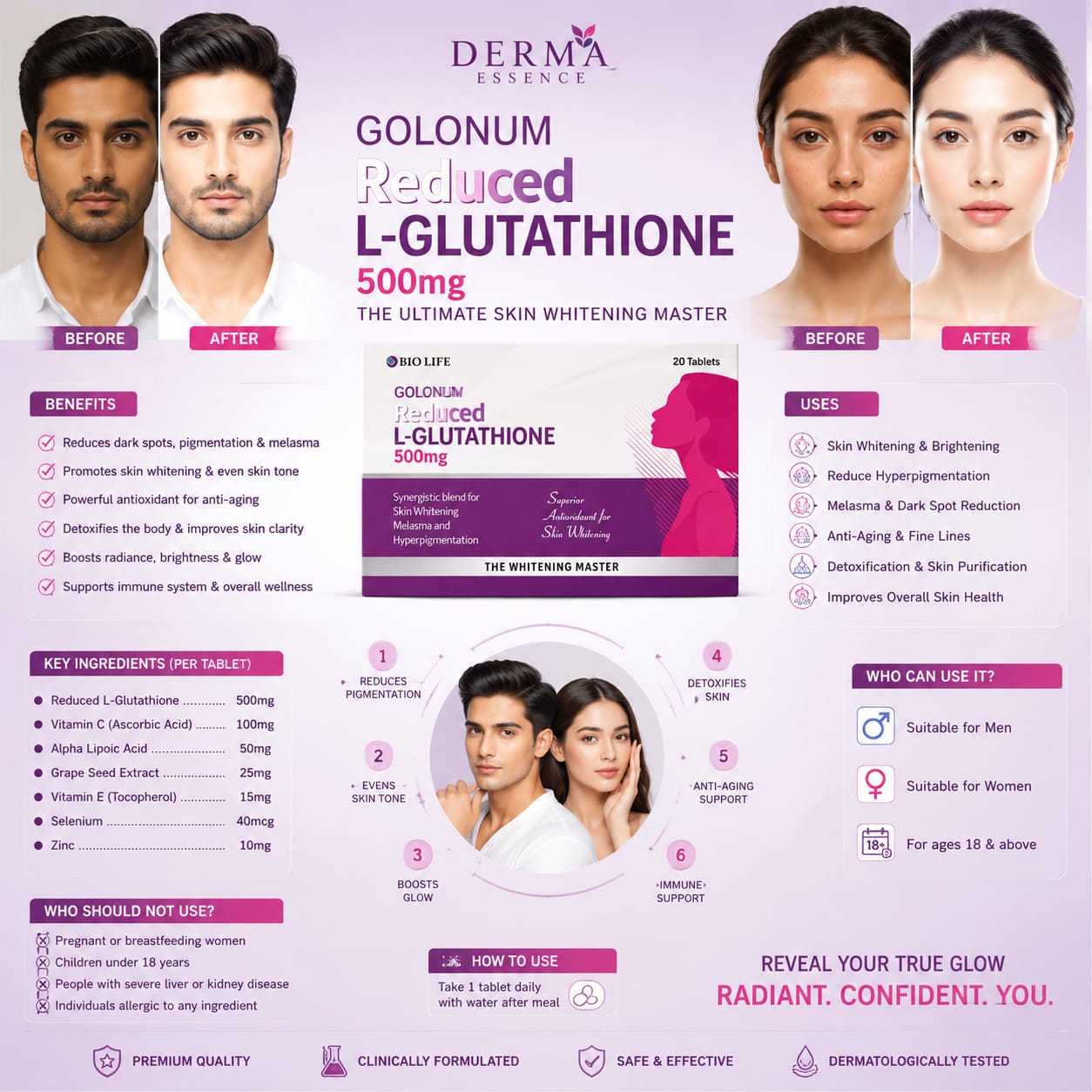 GOLONUM REDUCED L-GLUTATHIONE 500MG – THE WHITENING MASTER (30 Caps)