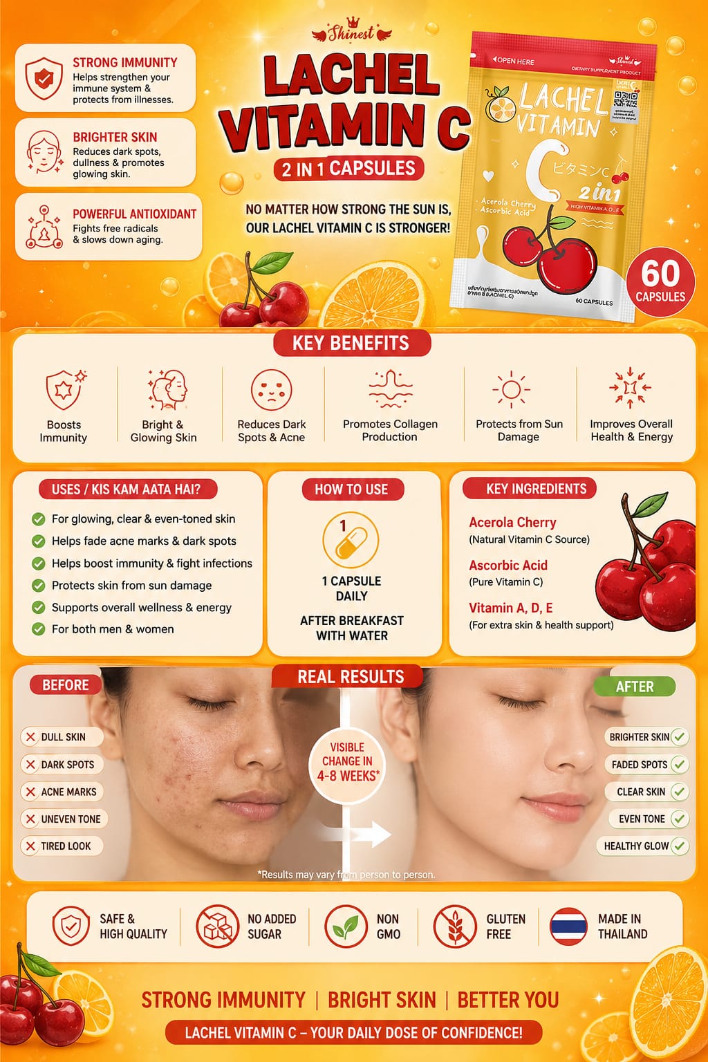 Lachel Vitamin C E Whitening Skin Antioxidant Ascorbic Acid Reduce Acne – Made in Thailand